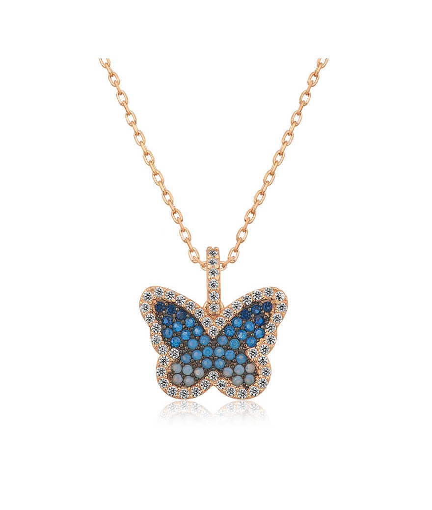 Gümüş Mavi Kelebek Bayan Kolye