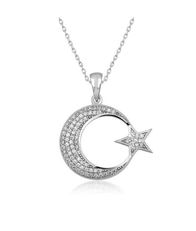 Gümüş Ay Yıldız Bayan Kolye