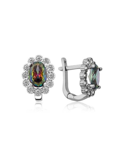 Gümüş Mistik Topaz Çiçek Desenli J Bayan Küpe