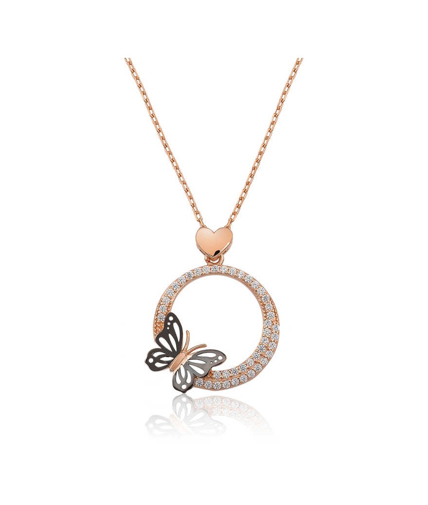 Gümüş Kalpli Kelebek Çemberi Kolye