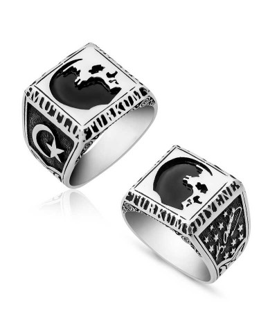 Gümüş Ne Mutlu Türküm Diyene Yazılı Atatürk Silüeti Erkek Yüzük