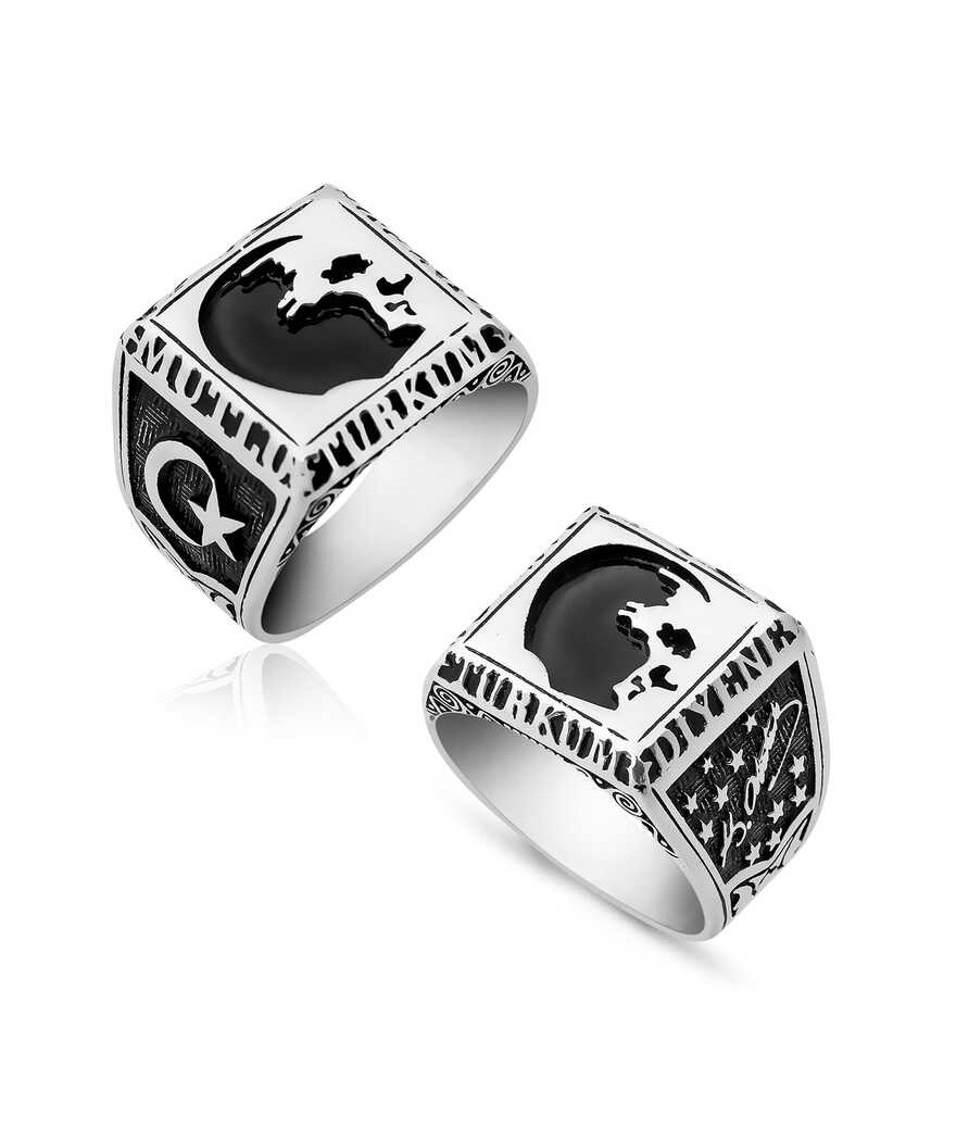 Gümüş Ne Mutlu Türküm Diyene Yazılı Atatürk Silüeti Erkek Yüzük