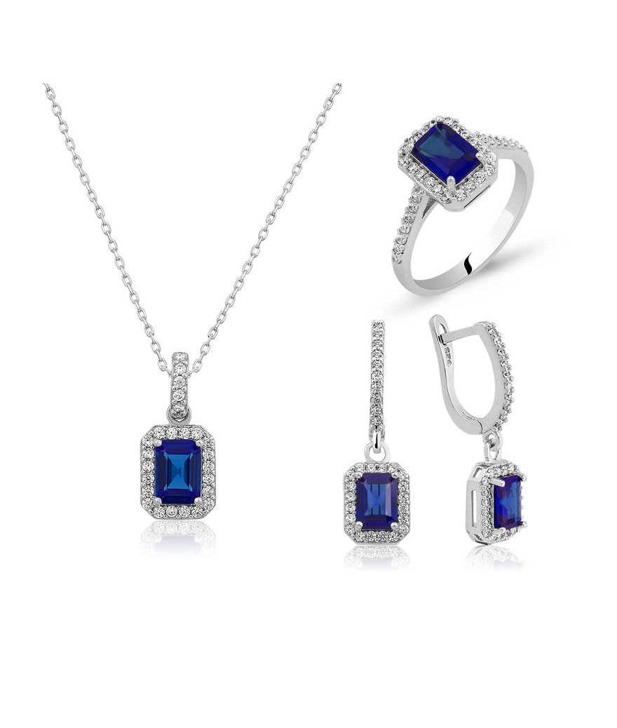 Gümüş Safir Renk Baget Taşlı Bayan Set