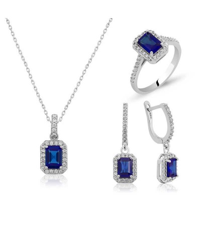 Gümüş Safir Renk Baget Taşlı Bayan Set