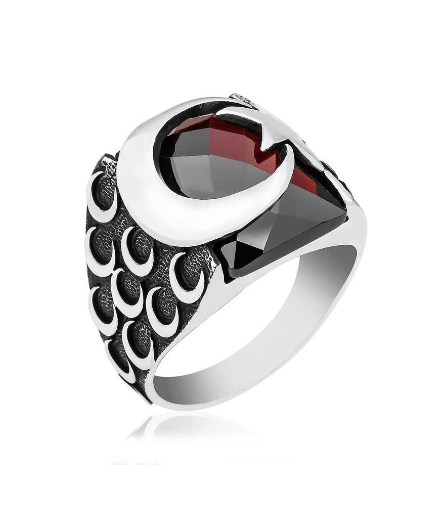 ​Gümüş Kırmızı Kesme Taşlı Ay Yıldız Erkek Yüzük