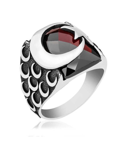 ​Gümüş Kırmızı Kesme Taşlı Ay Yıldız Erkek Yüzük