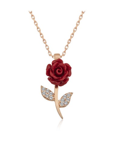 ​Gümüş Kırmızı Gül Kolye