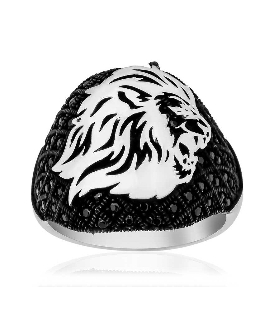 Gümüş Aslan Kafası Figürlü Erkek Yüzük