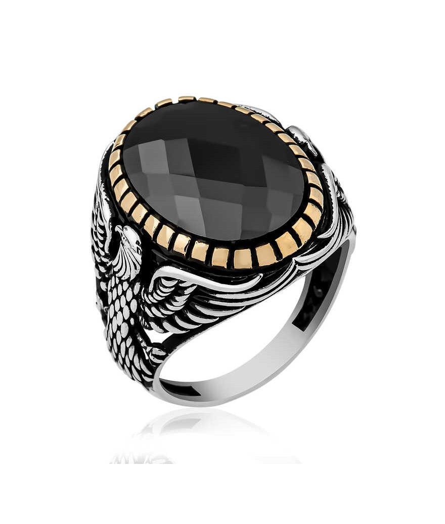 Gümüş Kesme Taşlı Kartal Figürlü Erkek Yüzük