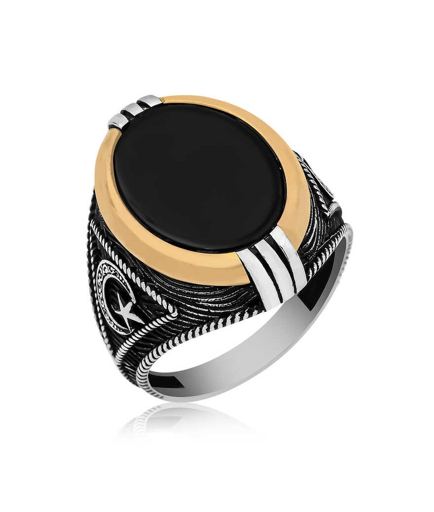 ​Gümüş Oniks Taşlı Ay Yıldız Armalı Erkek Yüzük