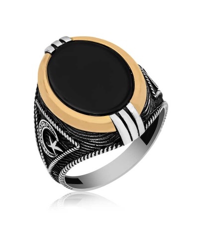 ​Gümüş Oniks Taşlı Ay Yıldız Armalı Erkek Yüzük