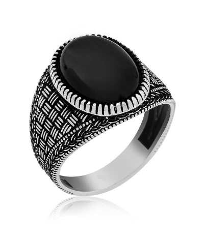 Gümüş Oniks Taşlı Örgü Desenli Erkek Yüzük