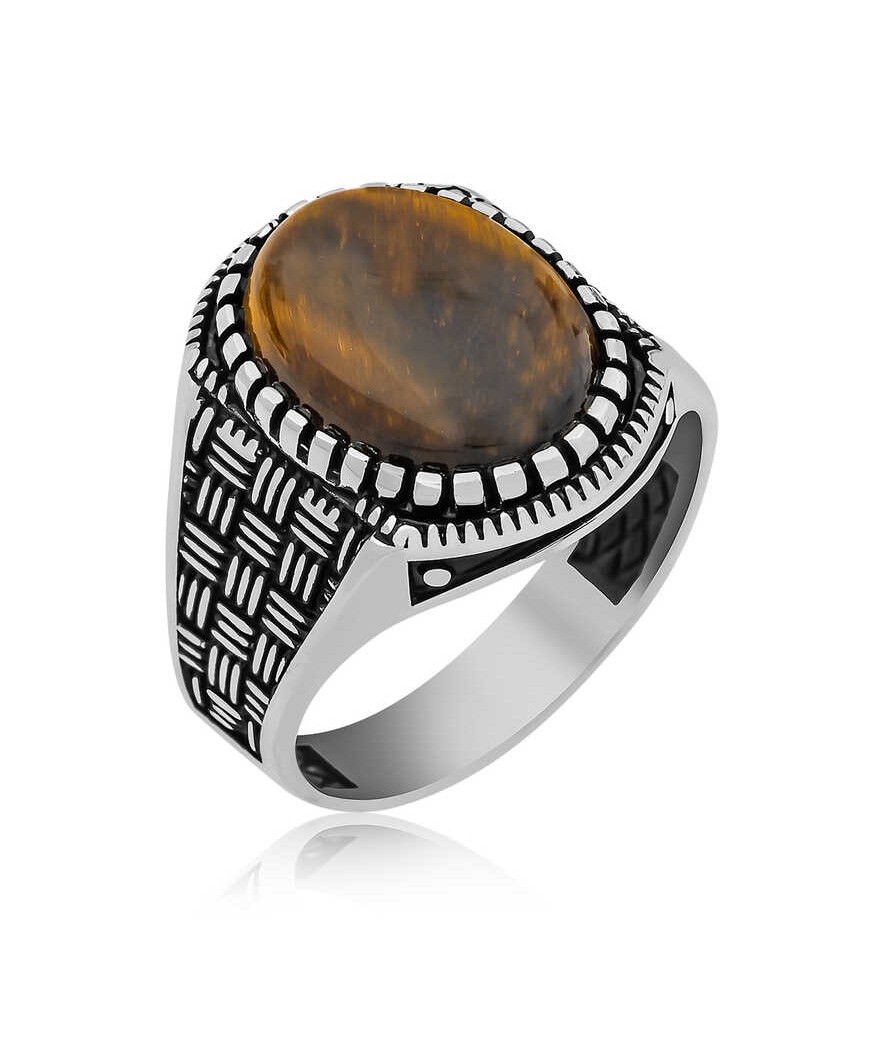 Gümüş Kaplan Gözü Taşlı Örgü Desenli Erkek Yüzük