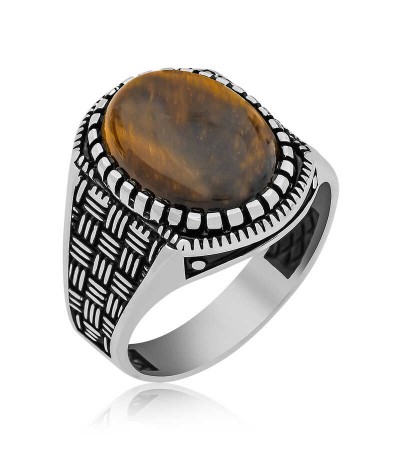 Gümüş Kaplan Gözü Taşlı Örgü Desenli Erkek Yüzük