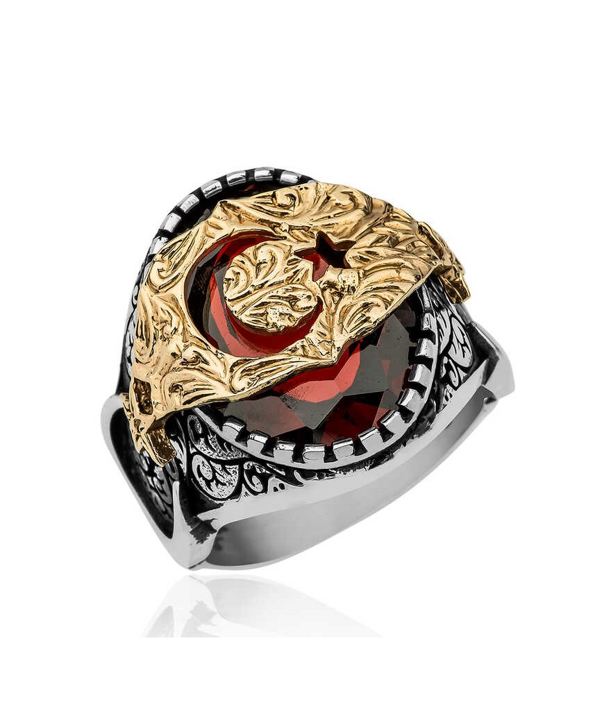 Gümüş Kırmızı Fasetli Taşlı Ay Yıldız Erkek Yüzük