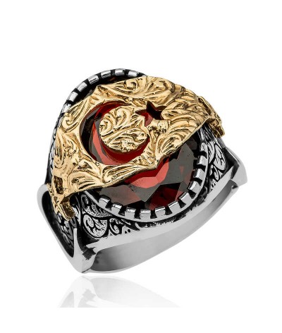 Gümüş Kırmızı Fasetli Taşlı Ay Yıldız Erkek Yüzük