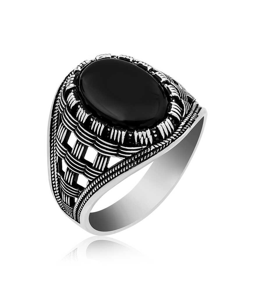 ​Gümüş Oniks Taşlı Örgü Desenli Erkek Yüzük