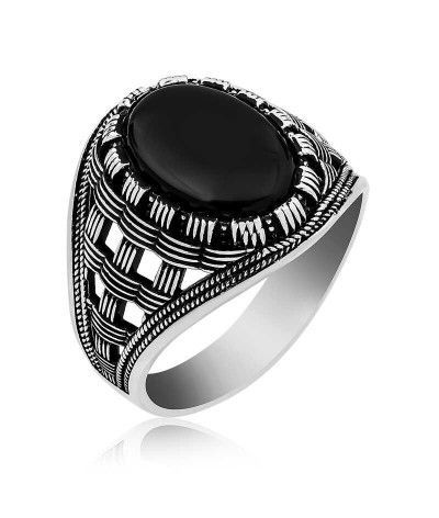 ​Gümüş Oniks Taşlı Örgü Desenli Erkek Yüzük