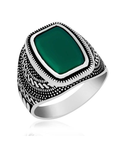 Gümüş Yeşil Akik Taşlı Desenli Erkek Yüzük