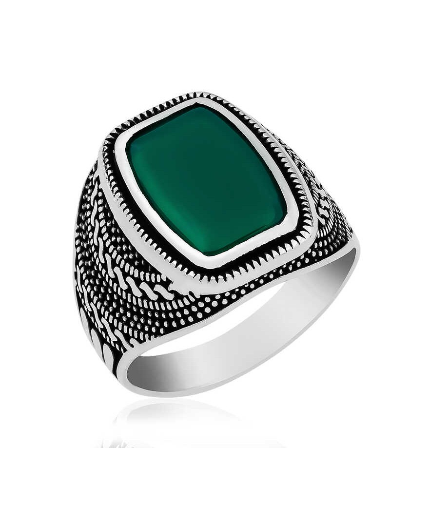 Gümüş Yeşil Akik Taşlı Desenli Erkek Yüzük