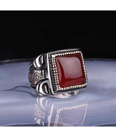 ​Gümüş Kare Akik Taşlı Erkek Yüzük