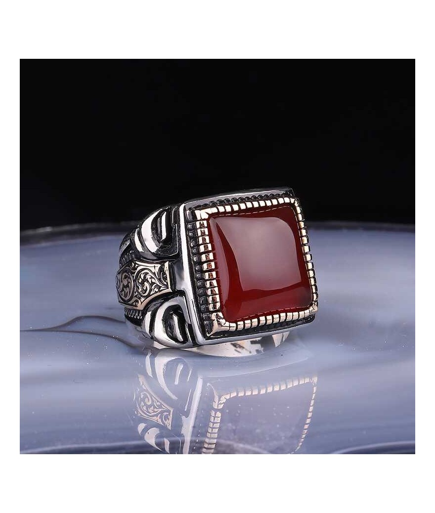 ​Gümüş Kare Akik Taşlı Erkek Yüzük