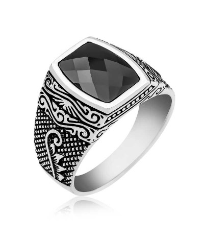 Gümüş Kesme Taşlı Desenli Erkek Yüzük