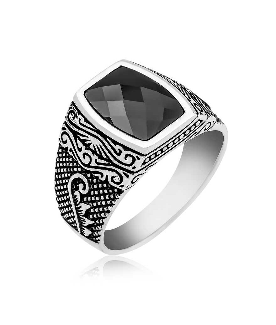 Gümüş Kesme Taşlı Desenli Erkek Yüzük