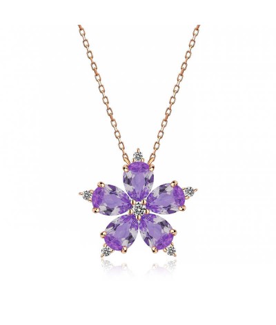 Gümüş Lila Kamelya Çiçeği Kolye