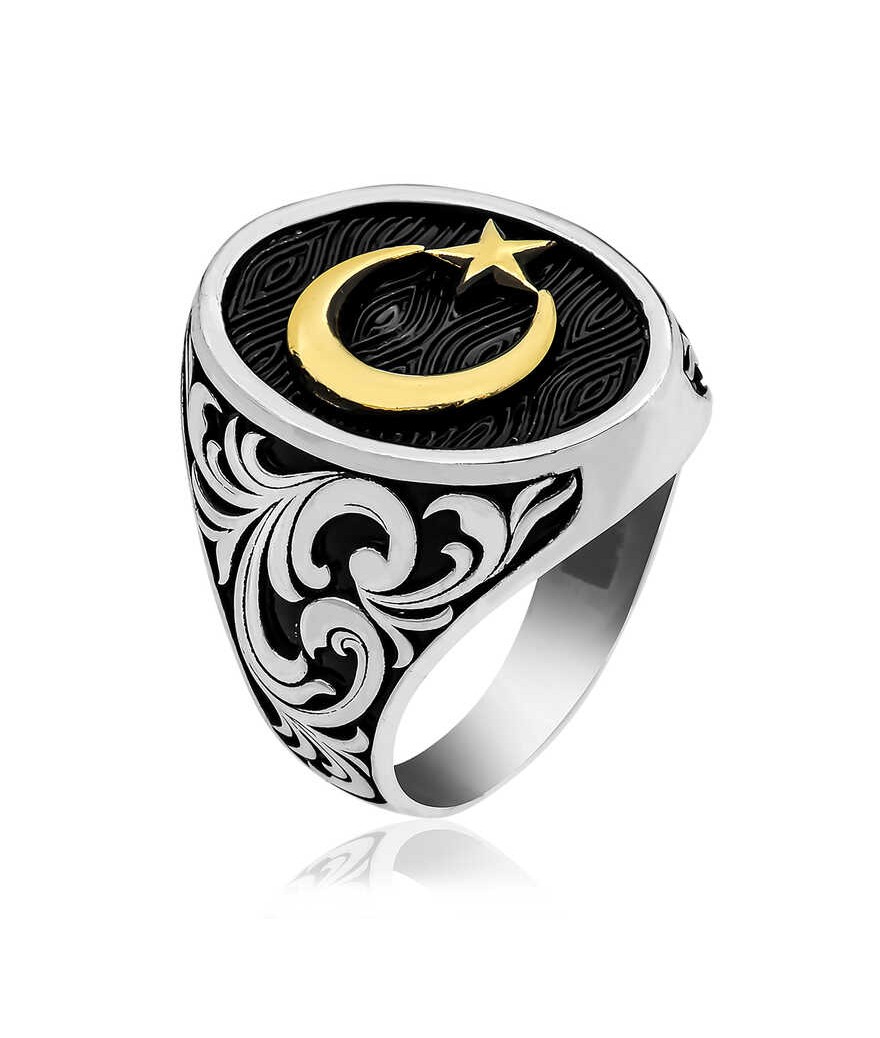 Gümüş Yanları Desenli Ay Yıldız Erkek Yüzük