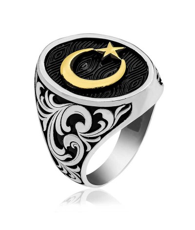 Gümüş Yanları Desenli Ay Yıldız Erkek Yüzük