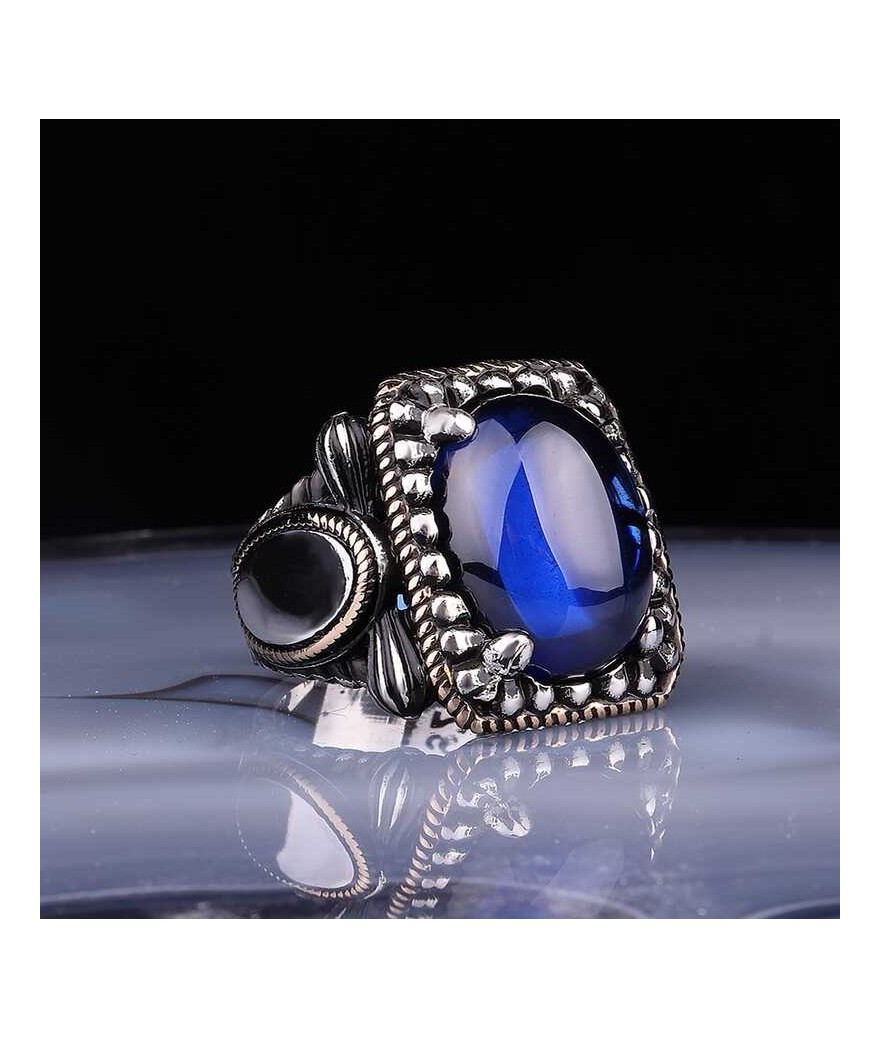 Gümüş Lacivert Zirkon Taşlı Kare Erkek Yüzük