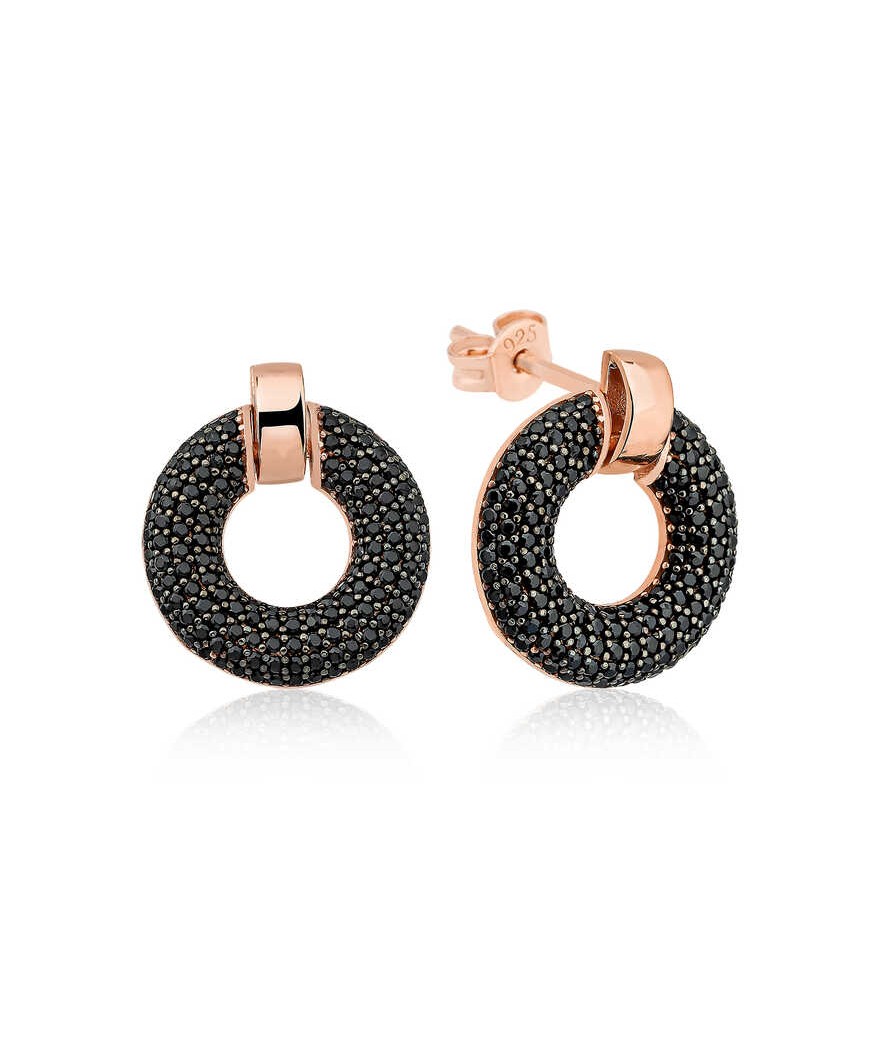 Gümüş Siyah Çok Taşlı Daire Bayan Küpe