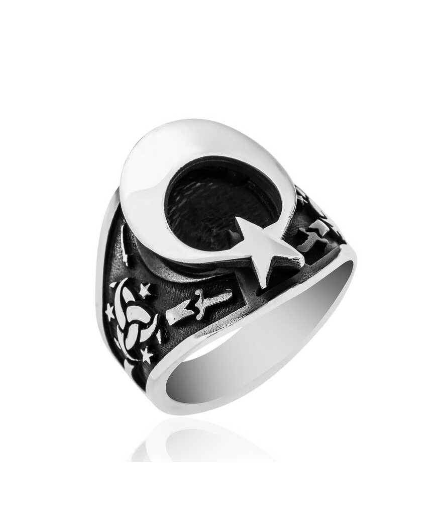 Gümüş Teşkilat-ı Mahsusa Armalı Ay Yıldız Erkek Yüzük