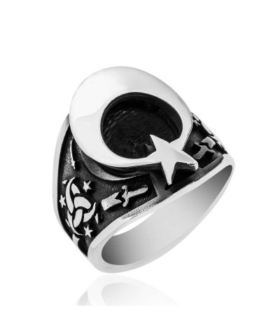 Gümüş Teşkilat-ı Mahsusa Armalı Ay Yıldız Erkek Yüzük