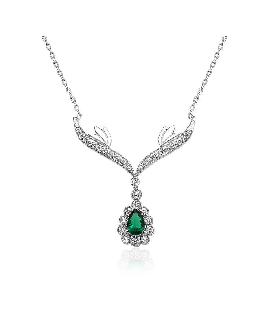 Gümüş Yeşil Taşlı Madalyon Bayan Kolye