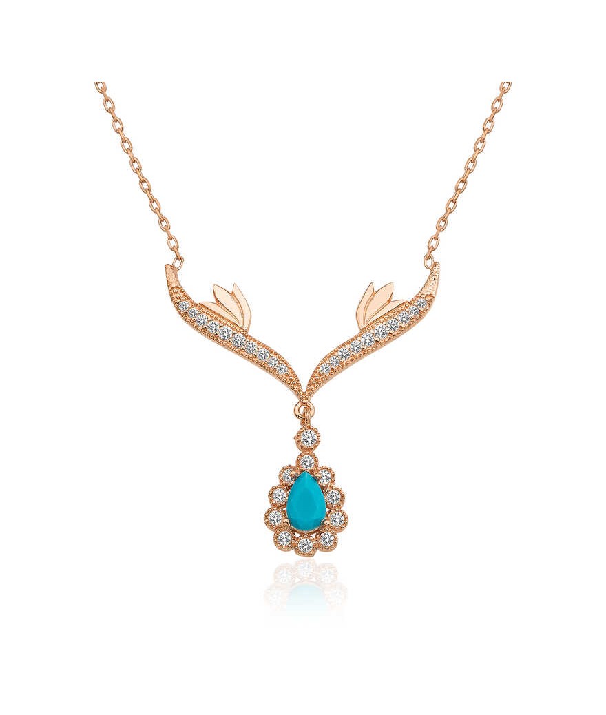 Gümüş Turkuaz Taşlı Madalyon  Bayan Kolye