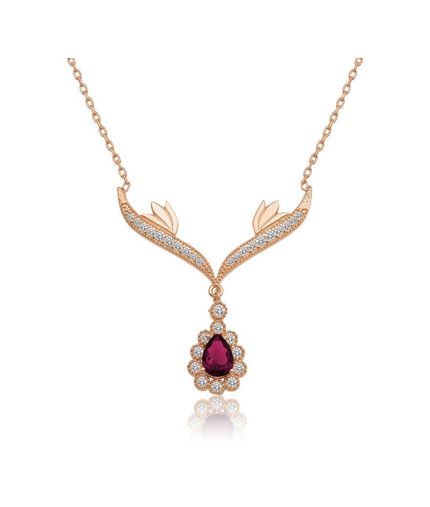 Gümüş Kırmızı Taşlı Madalyon Bayan Kolye