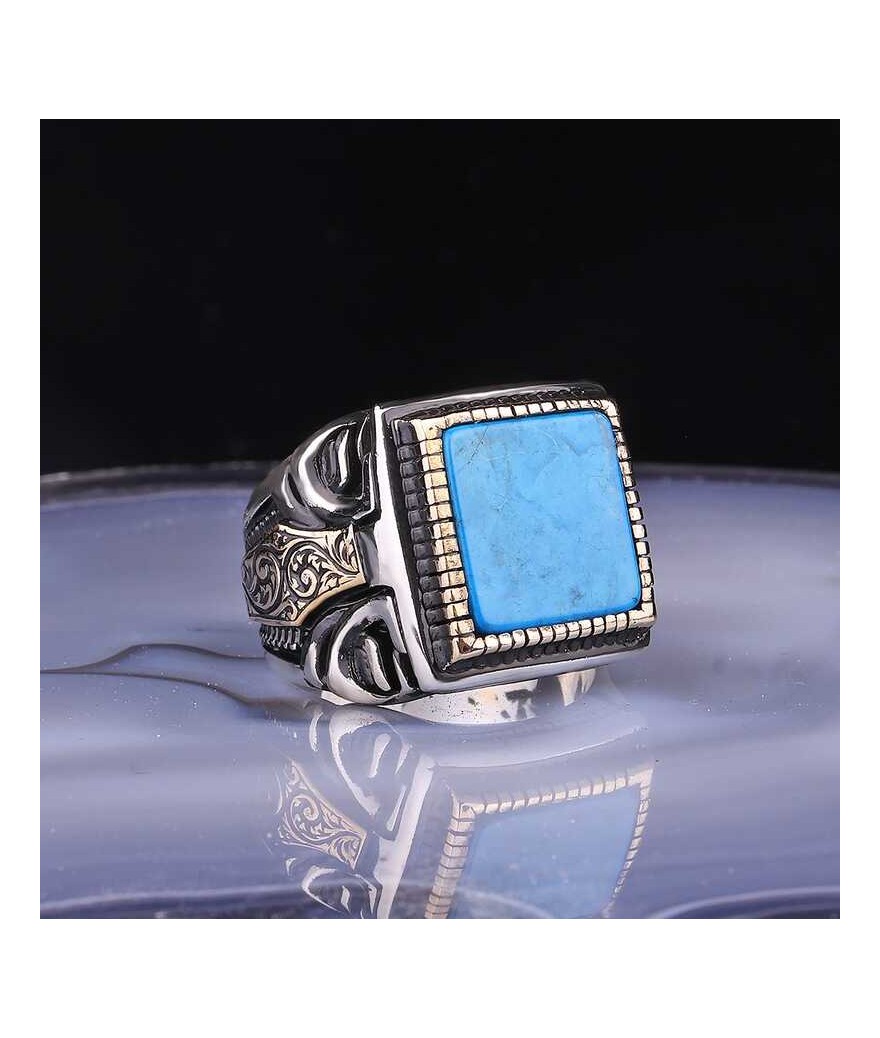 Gümüş Kare Turkuaz Taşlı Erkek Yüzük