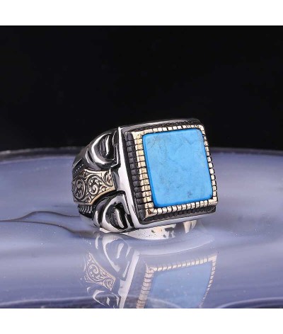 Gümüş Kare Turkuaz Taşlı Erkek Yüzük