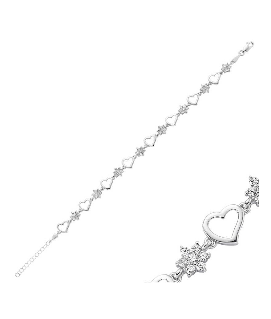 Gümüş Çiçek Kalp Bayan Bileklik