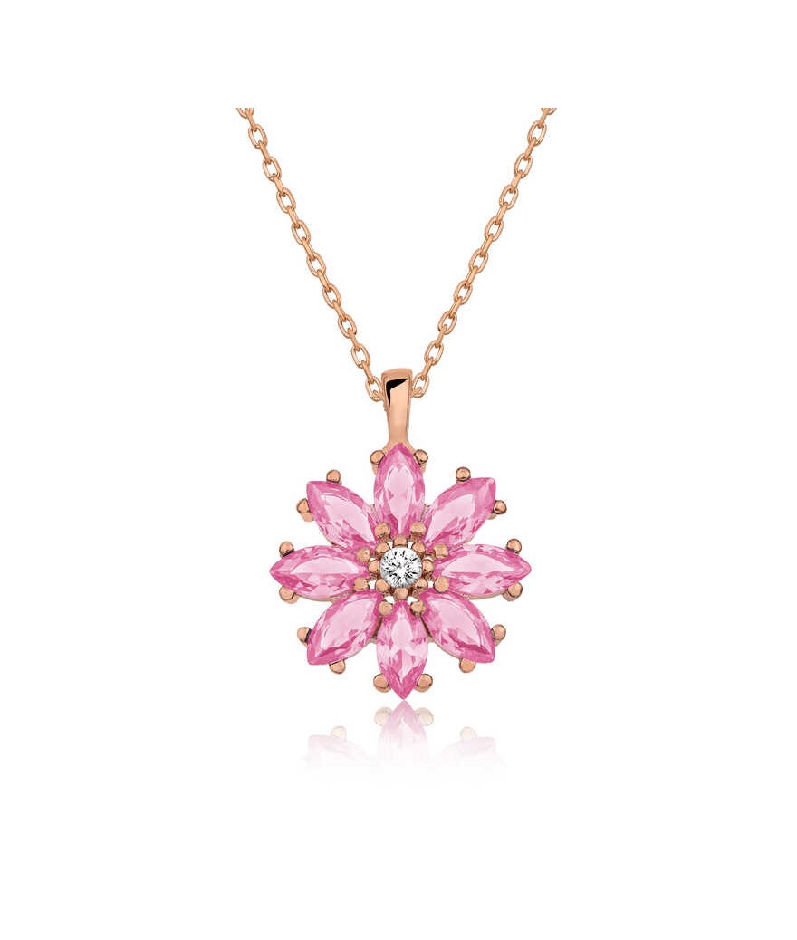 Gümüş Pembe Çiçek Kolye