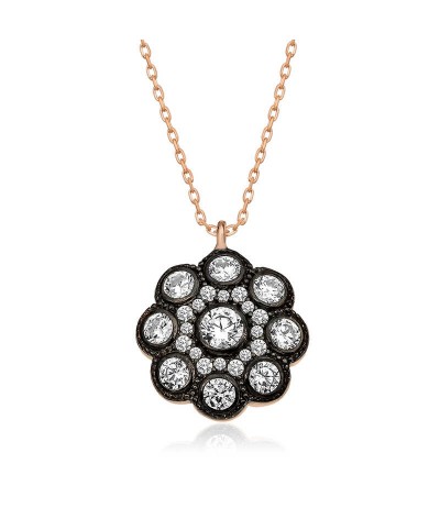 ​Gümüş Elmas Montür Çiçek Bayan Kolye