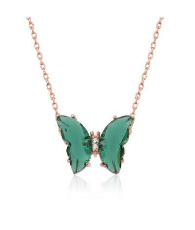 Gümüş Yeşil Cam Kelebek Kolye