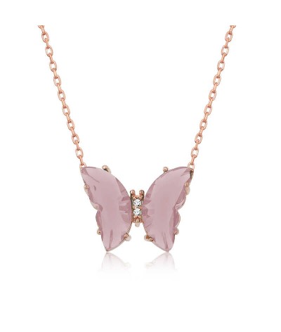 Gümüş Pudra Cam Kelebek Kolye