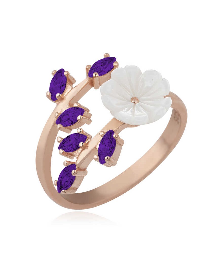 Gümüş Mor Yapraklı Bahar Çiçeği Yüzük