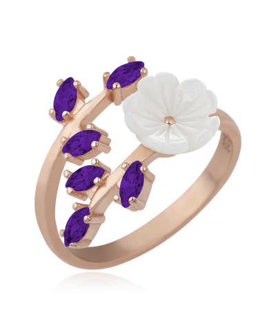 Gümüş Mor Yapraklı Bahar Çiçeği Yüzük