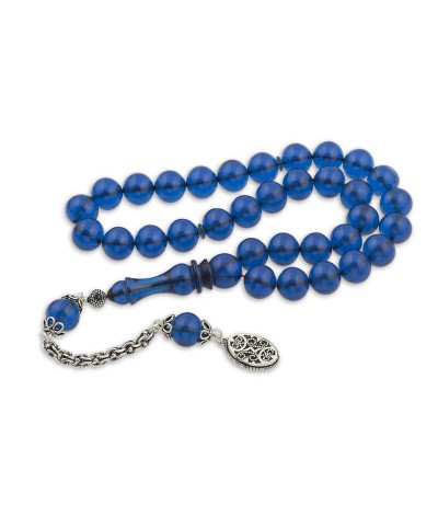 Gümüş Püskül Mavi Küre Sıkma Kehribar Tesbih