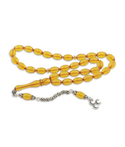 ​​Gümüş Üç Hilal Armalı Püskül Arpa Ateş Kehribar Tesbih