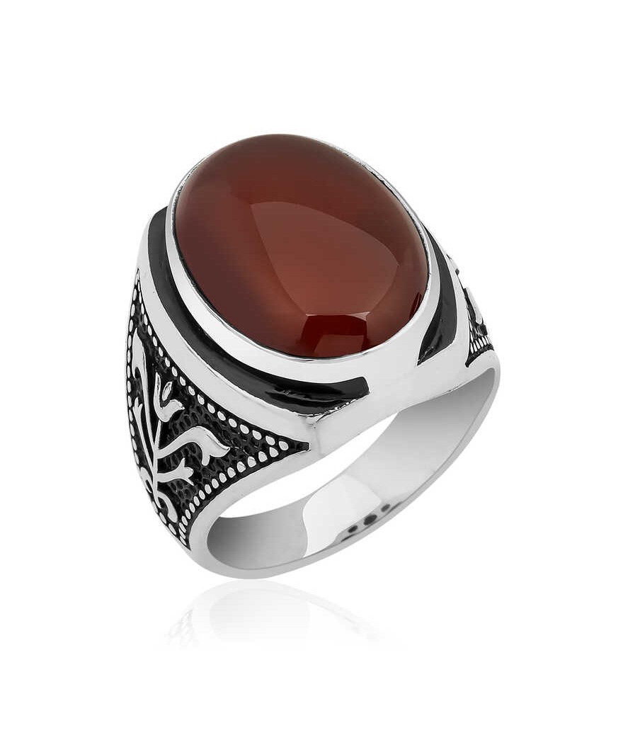 Gümüş Lale işlemeli Akik Yüzük